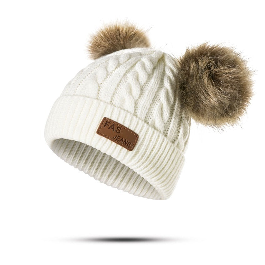 1pc Toddler Knitted Hat, Pure Color Winter Twist Double Pom Pom Knitted Beanies Cap