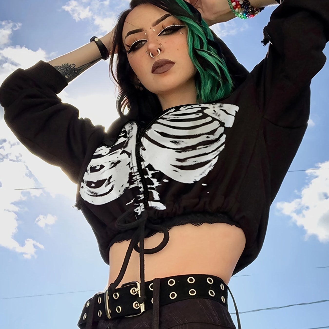 Gothic Drawstring Crop Hoodie, Long Sleeve Hoodies Sweatshirt, Women's Clothing