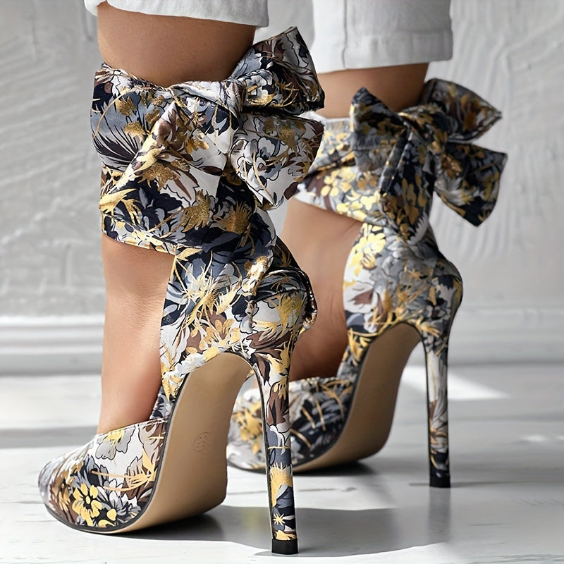CBI STYLE Women's Floral Stiletto High Heels - Pointed Toe Ankle Strap Ultra-High Heels with Fabric Upper & PVC Sole for Weddings, Parties, Formal Events, Stiletto Heels
