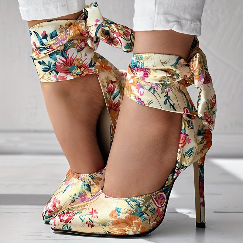 CBI STYLE Women's Floral Stiletto High Heels - Pointed Toe Ankle Strap Ultra-High Heels with Fabric Upper & PVC Sole for Weddings, Parties, Formal Events, Stiletto Heels
