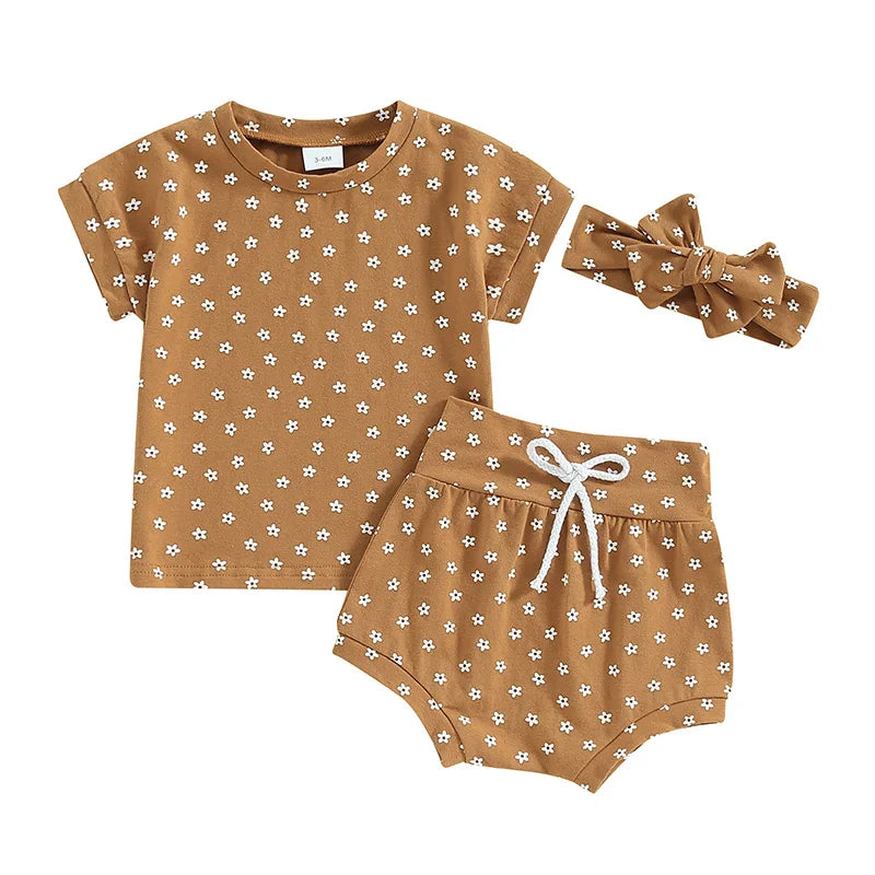 Suefunskry Baby Girl Summer Casual Clothes Flower Print Short Sleeve Round Neck T-Shirt with Shorts and Headband Outfit