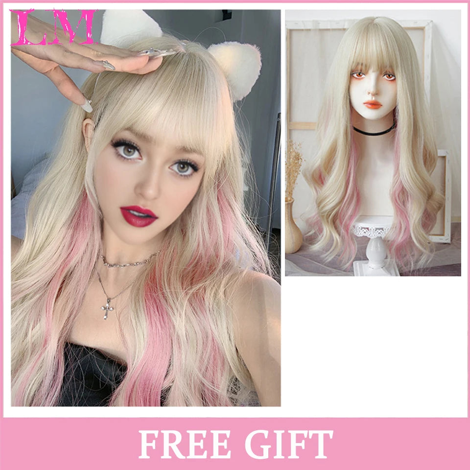 LM White Ombre Black Synthetic Wig for Women Long Curly Wave Wigs with Bangs Cosplay Party Heat Resistant Hair