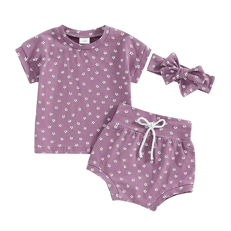 Suefunskry Baby Girl Summer Casual Clothes Flower Print Short Sleeve Round Neck T-Shirt with Shorts and Headband Outfit