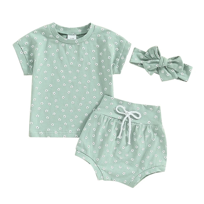 Suefunskry Baby Girl Summer Casual Clothes Flower Print Short Sleeve Round Neck T-Shirt with Shorts and Headband Outfit