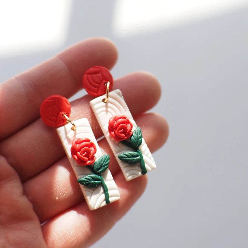 Holiday Delicate Spring Dangle Easter Floral Rose Flowers Cherry Glitter Vintage Gifts Polymer Clay Earrings Sets For Party