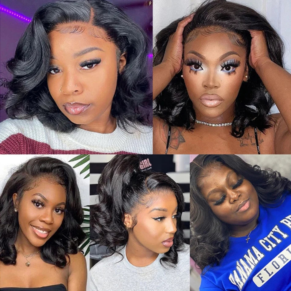 Glueless Body Wave Short Bob Wigs Loose Wave Lace Frontal 100% Human Hair Wigs Brazilian Wear To Go Natural PrePlucked Hairline