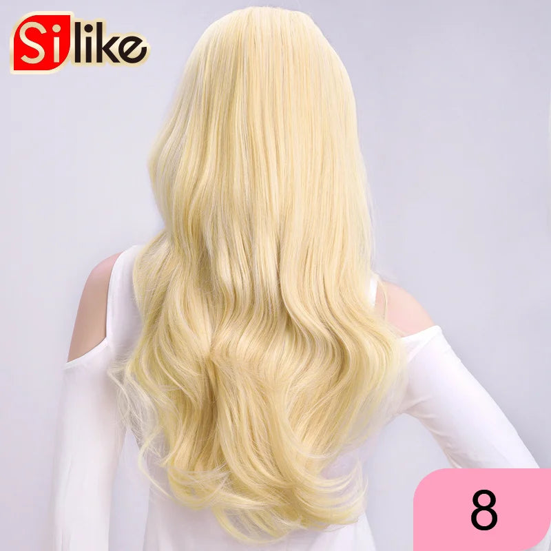 Silike Synthetic 3/4 Half Wigs 24 Inch Long Ash Blonde Wavy Wig With Clip in Hair Extension 16 Color 210g For Black White Women