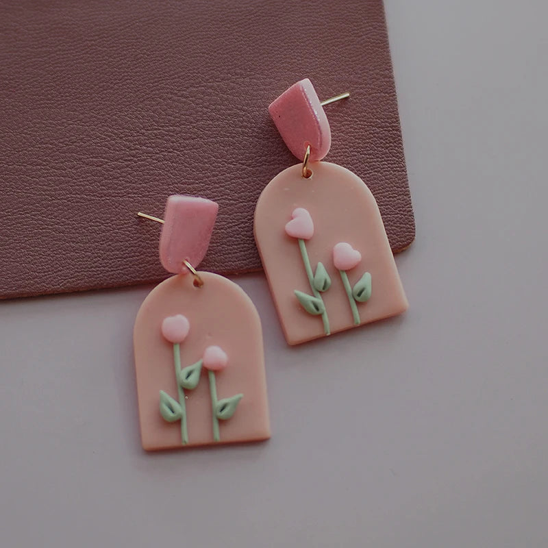 Holiday Delicate Spring Dangle Easter Floral Rose Flowers Cherry Glitter Vintage Gifts Polymer Clay Earrings Sets For Party