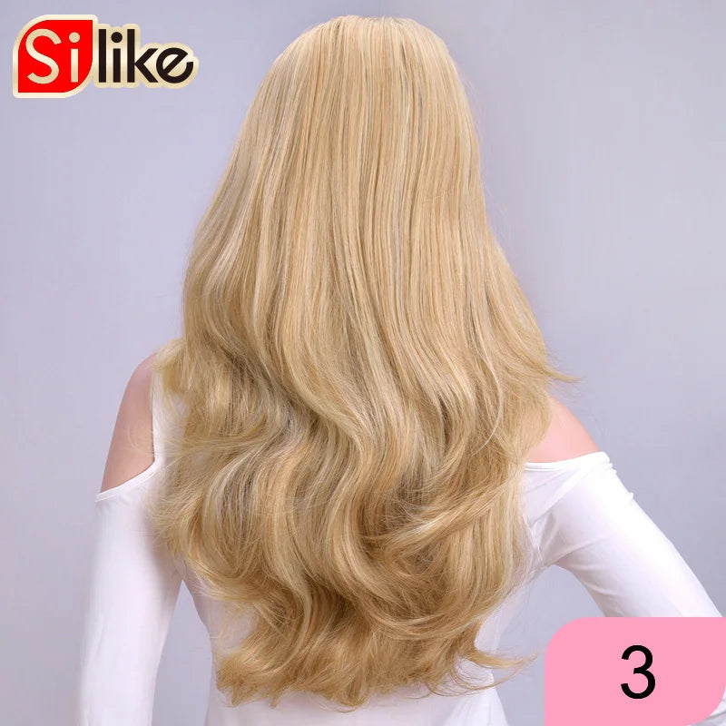 Silike Synthetic 3/4 Half Wigs 24 Inch Long Ash Blonde Wavy Wig With Clip in Hair Extension 16 Color 210g For Black White Women