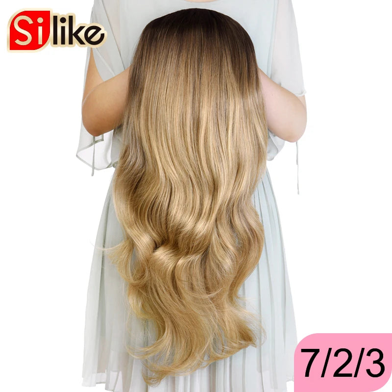 Silike Synthetic 3/4 Half Wigs 24 Inch Long Ash Blonde Wavy Wig With Clip in Hair Extension 16 Color 210g For Black White Women
