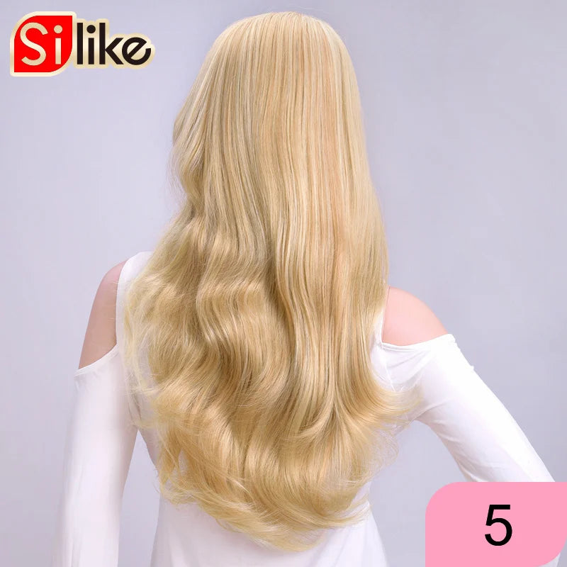 Silike Synthetic 3/4 Half Wigs 24 Inch Long Ash Blonde Wavy Wig With Clip in Hair Extension 16 Color 210g For Black White Women