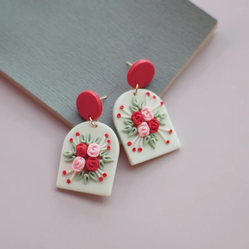 Holiday Delicate Spring Dangle Easter Floral Rose Flowers Cherry Glitter Vintage Gifts Polymer Clay Earrings Sets For Party