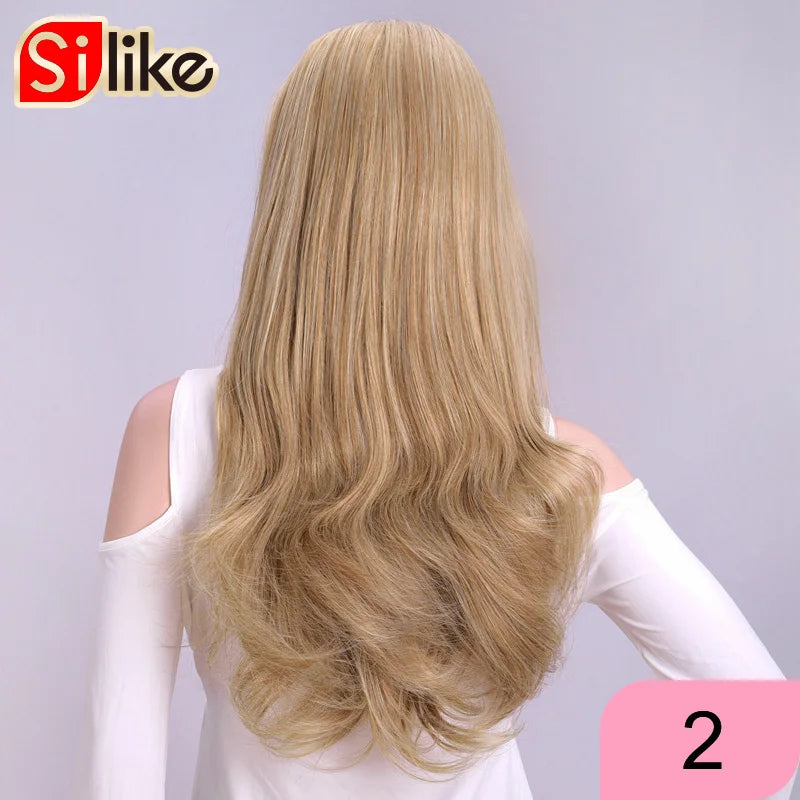 Silike Synthetic 3/4 Half Wigs 24 Inch Long Ash Blonde Wavy Wig With Clip in Hair Extension 16 Color 210g For Black White Women