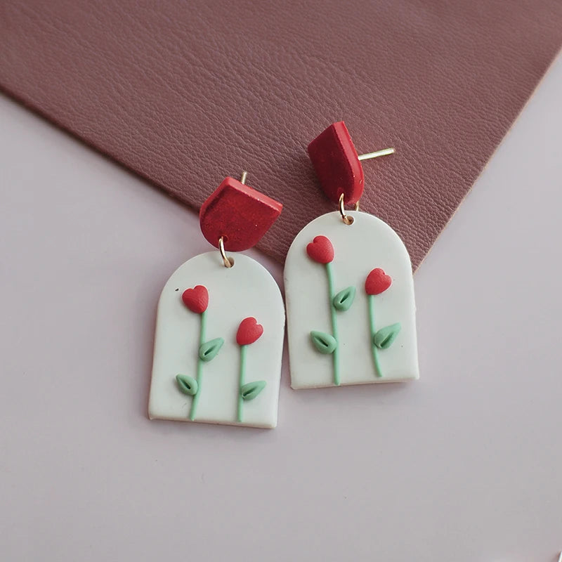 Holiday Delicate Spring Dangle Easter Floral Rose Flowers Cherry Glitter Vintage Gifts Polymer Clay Earrings Sets For Party