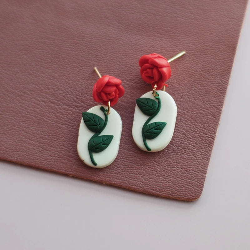 Holiday Delicate Spring Dangle Easter Floral Rose Flowers Cherry Glitter Vintage Gifts Polymer Clay Earrings Sets For Party