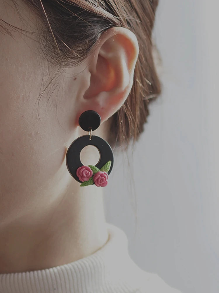 Holiday Delicate Spring Dangle Easter Floral Rose Flowers Cherry Glitter Vintage Gifts Polymer Clay Earrings Sets For Party