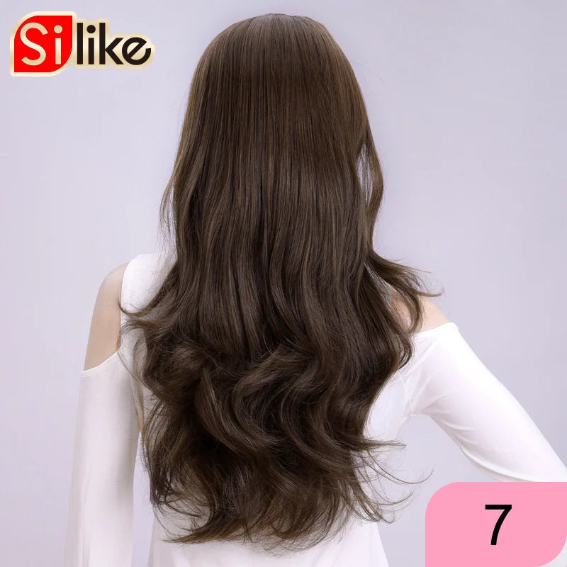Silike Synthetic 3/4 Half Wigs 24 Inch Long Ash Blonde Wavy Wig With Clip in Hair Extension 16 Color 210g For Black White Women