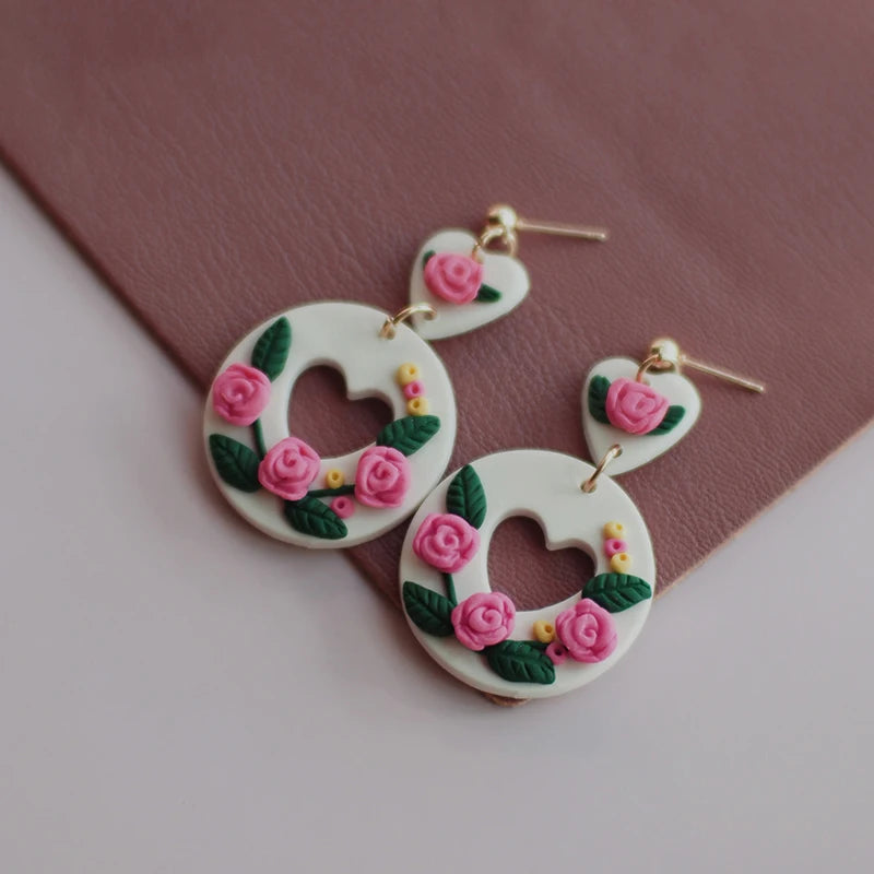 Holiday Delicate Spring Dangle Easter Floral Rose Flowers Cherry Glitter Vintage Gifts Polymer Clay Earrings Sets For Party