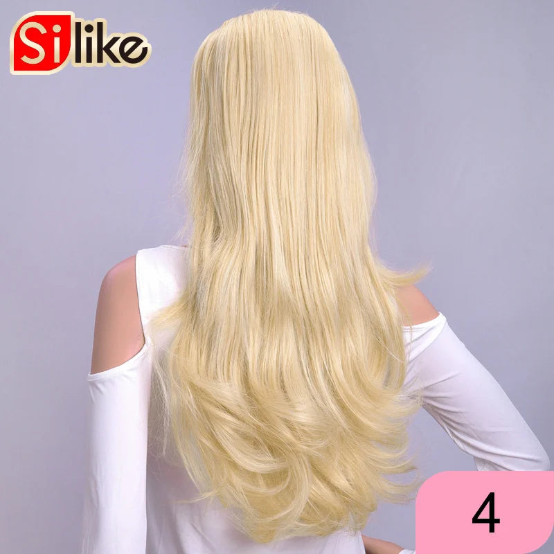 Silike Synthetic 3/4 Half Wigs 24 Inch Long Ash Blonde Wavy Wig With Clip in Hair Extension 16 Color 210g For Black White Women