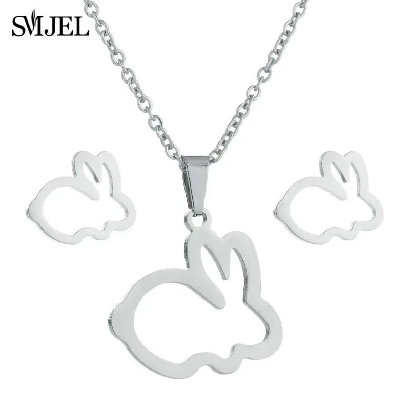 Fashion Stainless Steel Necklace Rabbit Earrings Women Cute Bunny Rabbit Unicorn Kitty Charm Necklace Easter Jewelry Gifts