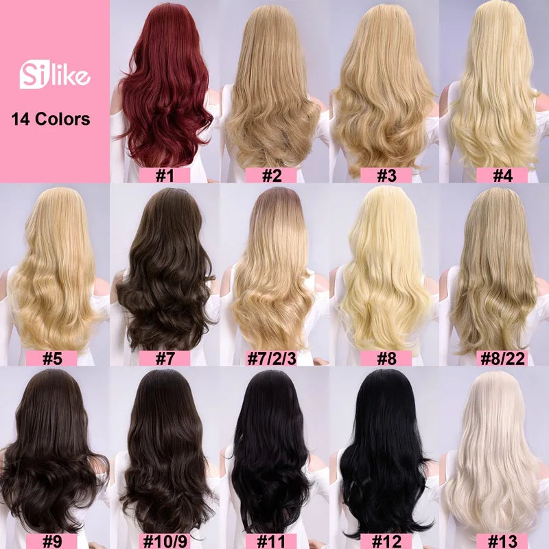 Silike Synthetic 3/4 Half Wigs 24 Inch Long Ash Blonde Wavy Wig With Clip in Hair Extension 16 Color 210g For Black White Women