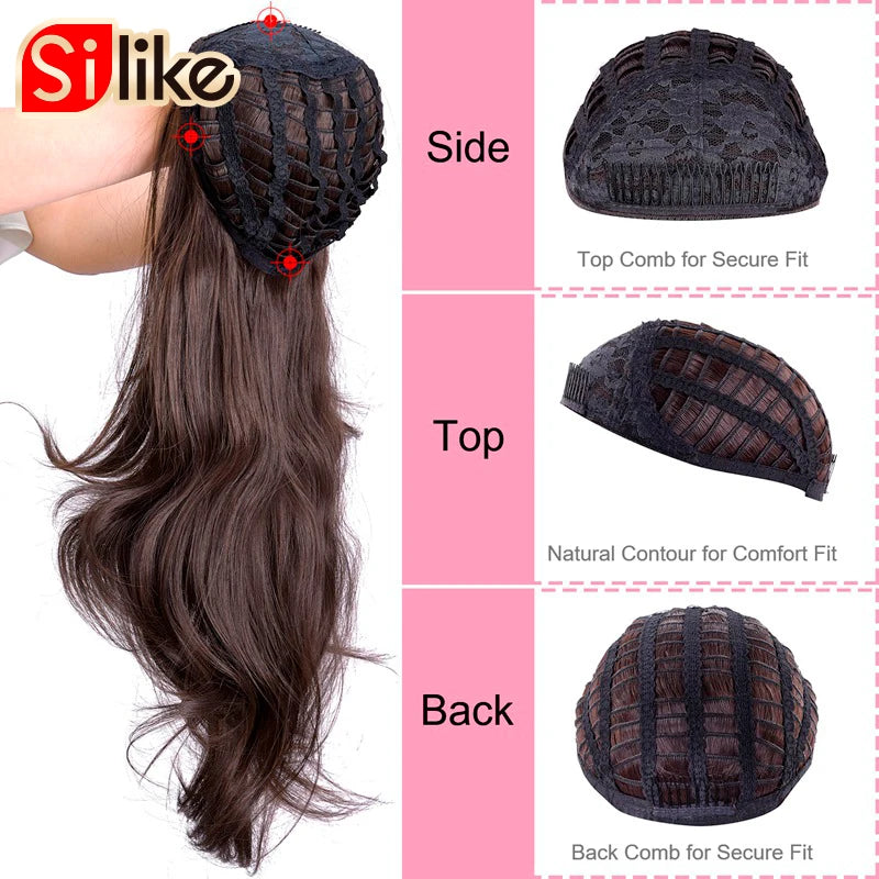 Silike Synthetic 3/4 Half Wigs 24 Inch Long Ash Blonde Wavy Wig With Clip in Hair Extension 16 Color 210g For Black White Women