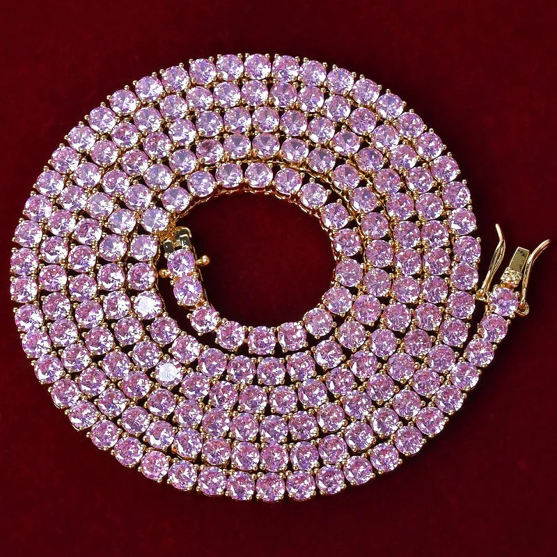 Aokaishen Choker Men Necklace Pink Cubic Zircon Tennis Chain Hip Hop Jewelry Free Shipping Items 2021 Trend