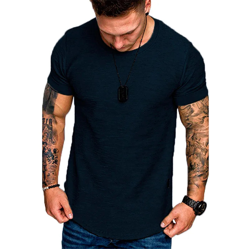 Short Sleeve shirt Streetwear Hip Hop Summer T Shirt Men Longline Curved Hem Fitness Tshirt Slim Funny T-Shirt Plus Size M-3XL