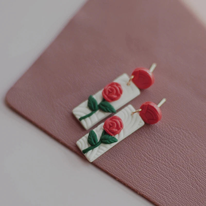Holiday Delicate Spring Dangle Easter Floral Rose Flowers Cherry Glitter Vintage Gifts Polymer Clay Earrings Sets For Party