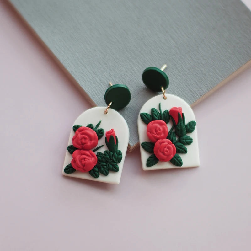 Holiday Delicate Spring Dangle Easter Floral Rose Flowers Cherry Glitter Vintage Gifts Polymer Clay Earrings Sets For Party