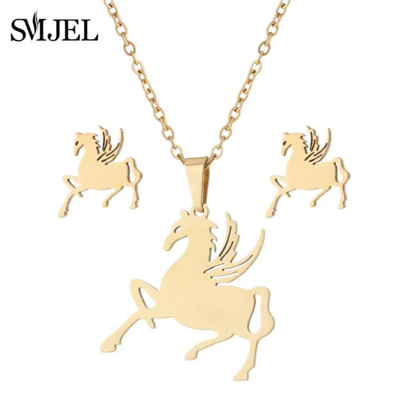 Fashion Stainless Steel Necklace Rabbit Earrings Women Cute Bunny Rabbit Unicorn Kitty Charm Necklace Easter Jewelry Gifts