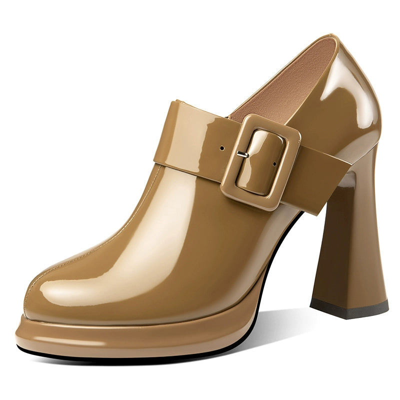 Flats Women's High Heels Waterproof Platform round Toe Leather Shoes New Autumn and Winter Women's Shoes Deep Mouth Soft Leather Cow Leather Women's Chunky Heel Shoes