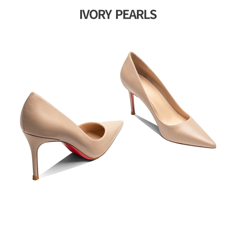 Genuine Leather Red High Heel Shoes for Women 2024 New Arrival Spring & Fall Pointed Stiletto Heel French Style Temperament Fancy Nude Color Shoes