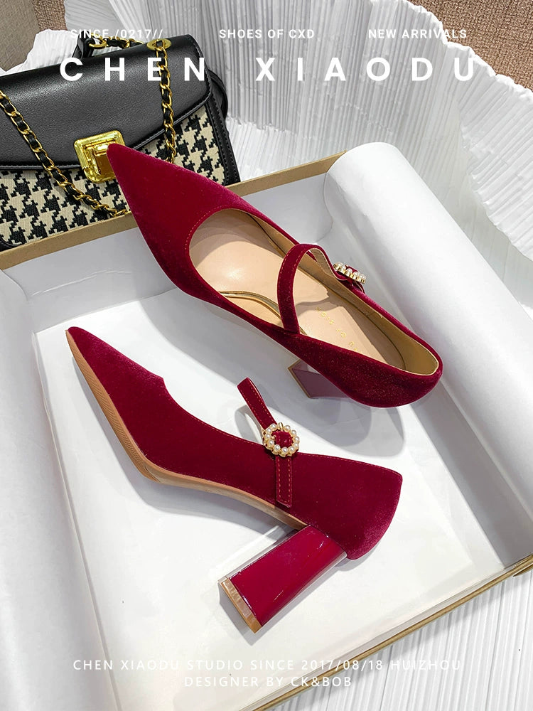 Pointed Toe Wine Red Bridal Wedding Shoes Pearl Strap Mary Jane Shoes High Heels Women's Bridesmaid Shoes Chunky Heel Flats
