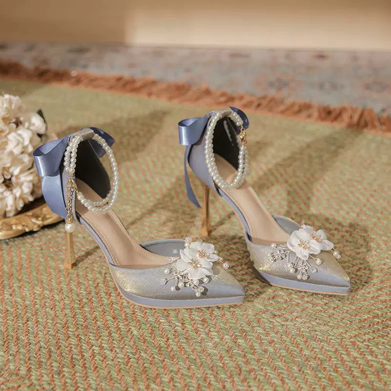 2024 Spring New Arrival Flower Bow Tie Pearl Chain Waterproof Platform Stiletto High Heels Women's Red Wedding Shoes Sandals