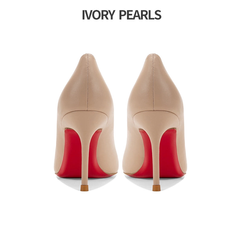 Genuine Leather Red High Heel Shoes for Women 2024 New Arrival Spring & Fall Pointed Stiletto Heel French Style Temperament Fancy Nude Color Shoes