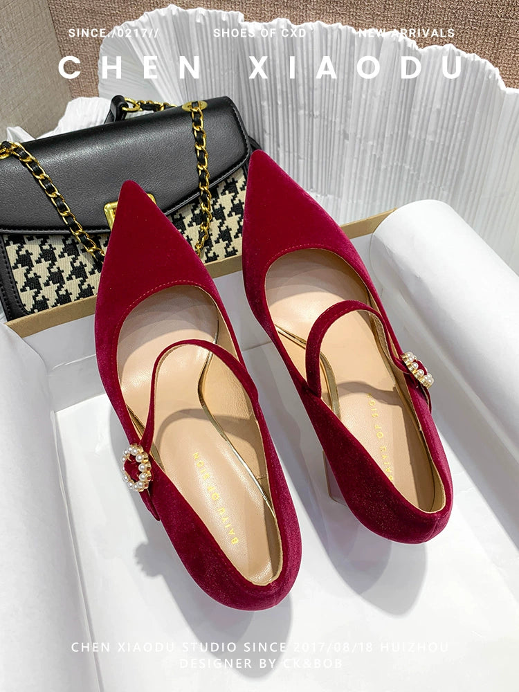 Pointed Toe Wine Red Bridal Wedding Shoes Pearl Strap Mary Jane Shoes High Heels Women's Bridesmaid Shoes Chunky Heel Flats