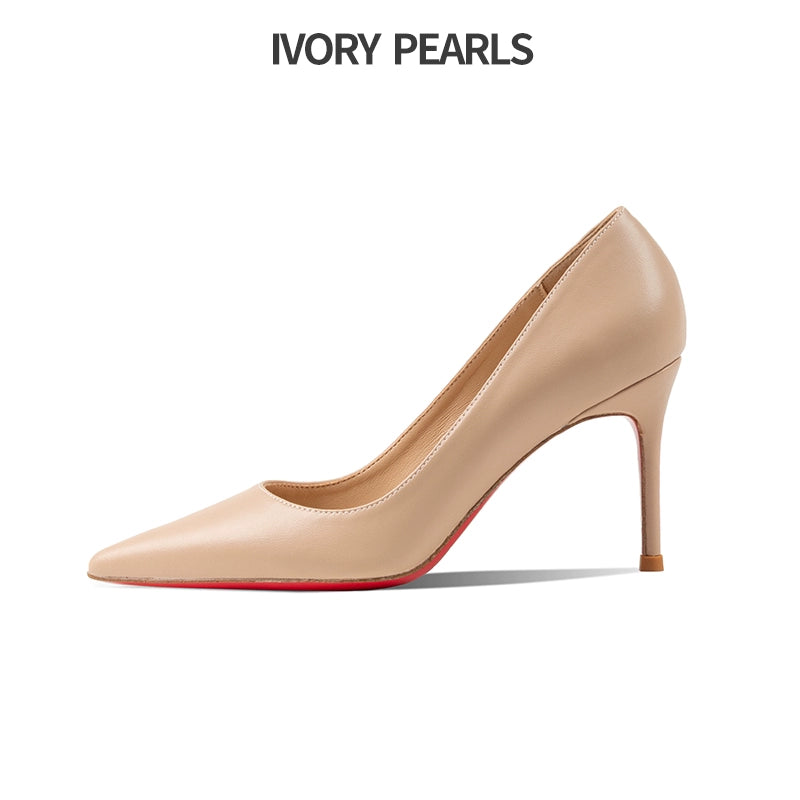 Genuine Leather Red High Heel Shoes for Women 2024 New Arrival Spring & Fall Pointed Stiletto Heel French Style Temperament Fancy Nude Color Shoes
