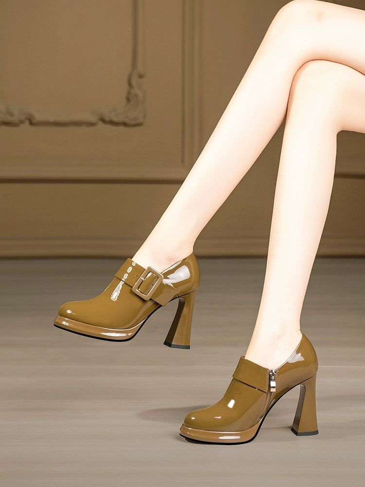 Flats Women's High Heels Waterproof Platform round Toe Leather Shoes New Autumn and Winter Women's Shoes Deep Mouth Soft Leather Cow Leather Women's Chunky Heel Shoes