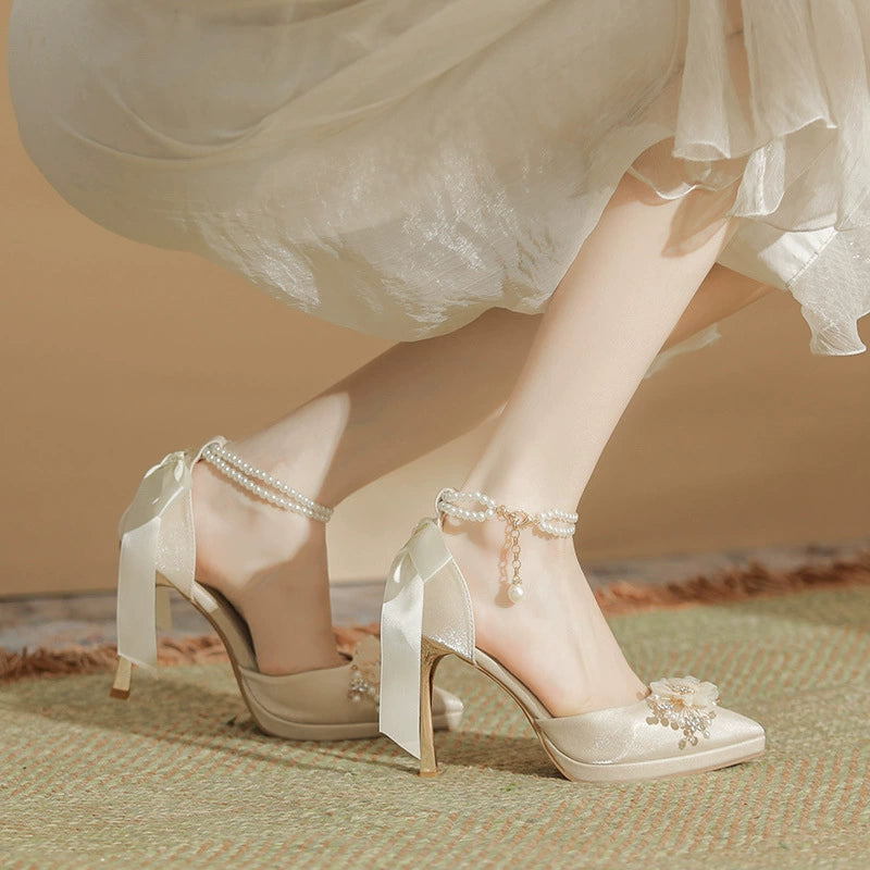 2024 Spring New Arrival Flower Bow Tie Pearl Chain Waterproof Platform Stiletto High Heels Women's Red Wedding Shoes Sandals