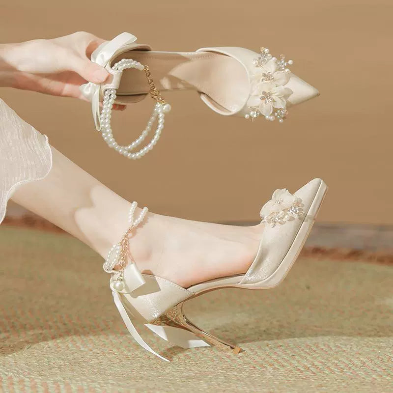 2024 Spring New Arrival Flower Bow Tie Pearl Chain Waterproof Platform Stiletto High Heels Women's Red Wedding Shoes Sandals