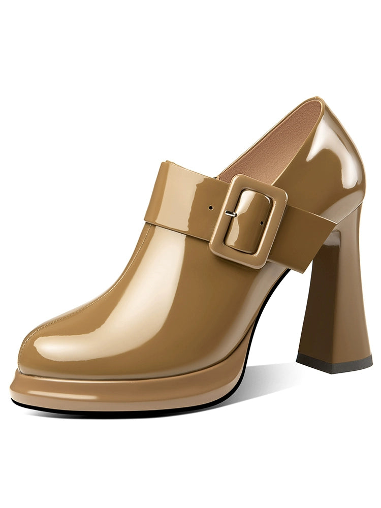 Flats Women's High Heels Waterproof Platform round Toe Leather Shoes New Autumn and Winter Women's Shoes Deep Mouth Soft Leather Cow Leather Women's Chunky Heel Shoes