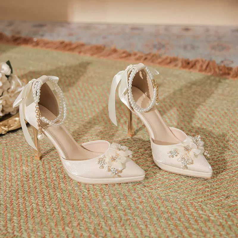 2024 Spring New Arrival Flower Bow Tie Pearl Chain Waterproof Platform Stiletto High Heels Women's Red Wedding Shoes Sandals