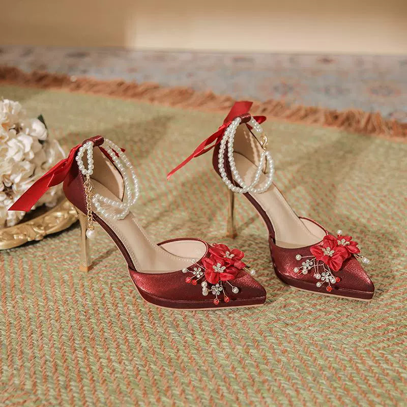 2024 Spring New Arrival Flower Bow Tie Pearl Chain Waterproof Platform Stiletto High Heels Women's Red Wedding Shoes Sandals