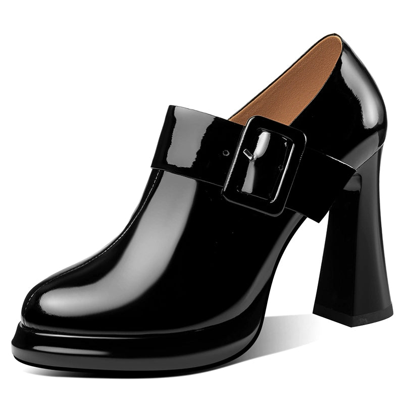 Flats Women's High Heels Waterproof Platform round Toe Leather Shoes New Autumn and Winter Women's Shoes Deep Mouth Soft Leather Cow Leather Women's Chunky Heel Shoes