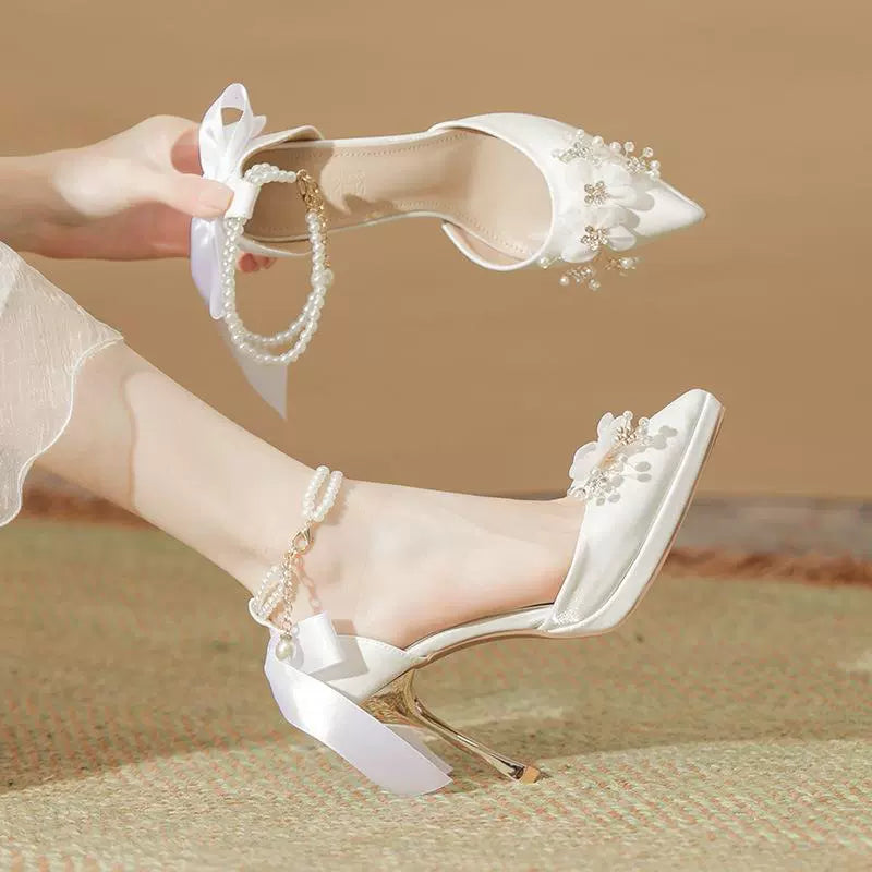 2024 Spring New Arrival Flower Bow Tie Pearl Chain Waterproof Platform Stiletto High Heels Women's Red Wedding Shoes Sandals
