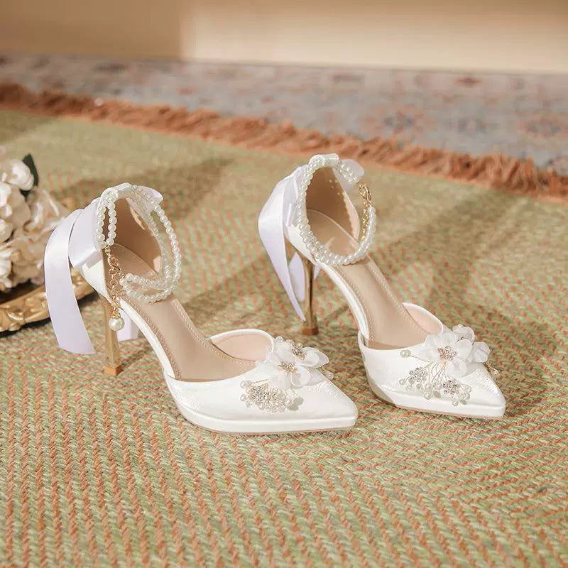 2024 Spring New Arrival Flower Bow Tie Pearl Chain Waterproof Platform Stiletto High Heels Women's Red Wedding Shoes Sandals