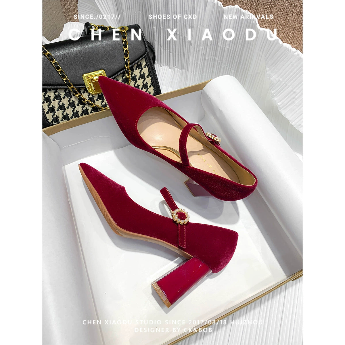 Pointed Toe Wine Red Bridal Wedding Shoes Pearl Strap Mary Jane Shoes High Heels Women's Bridesmaid Shoes Chunky Heel Flats