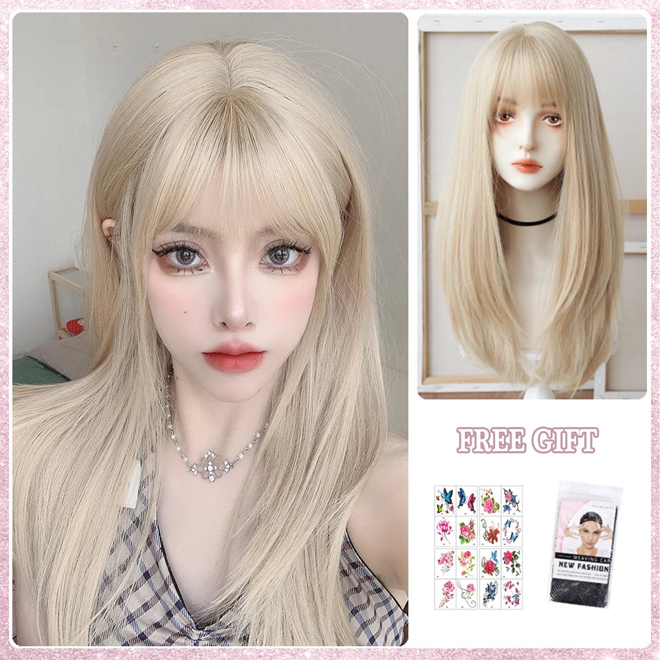 LM White Ombre Black Synthetic Wig for Women Long Curly Wave Wigs with Bangs Cosplay Party Heat Resistant Hair