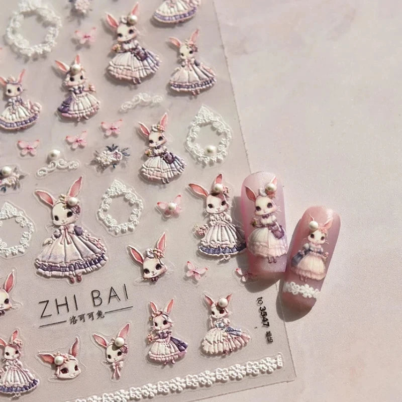 Noble Rococo Bunny Girl Pearl Butterfly Easter Egg Rabbit Soft Relief Self Adhesive 5D Nail Art Decoration Sticker 3D Nail Decal